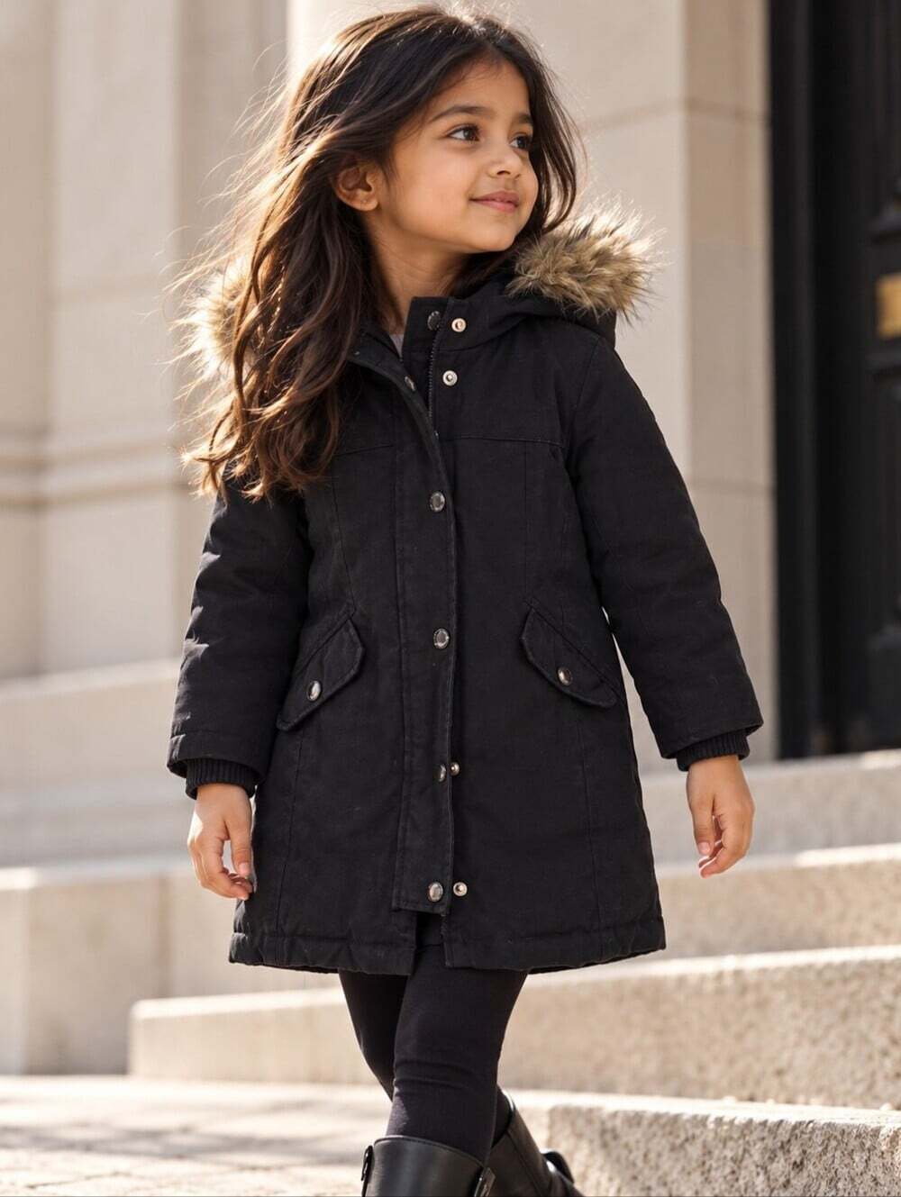 Baby Gap Girls Black Down Parka Coat Faux Fur Hood 4Y 105cm Winter
